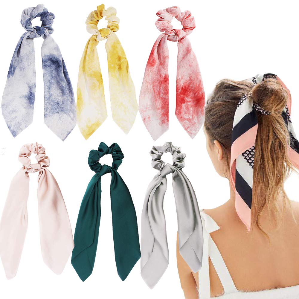 Silk Satin Hair Scrunchies, Hair Scarf with Flower Pattern, Stripe Printed Hair Bobbles for Ponytail Holder (6 Pcs Multi-colored)