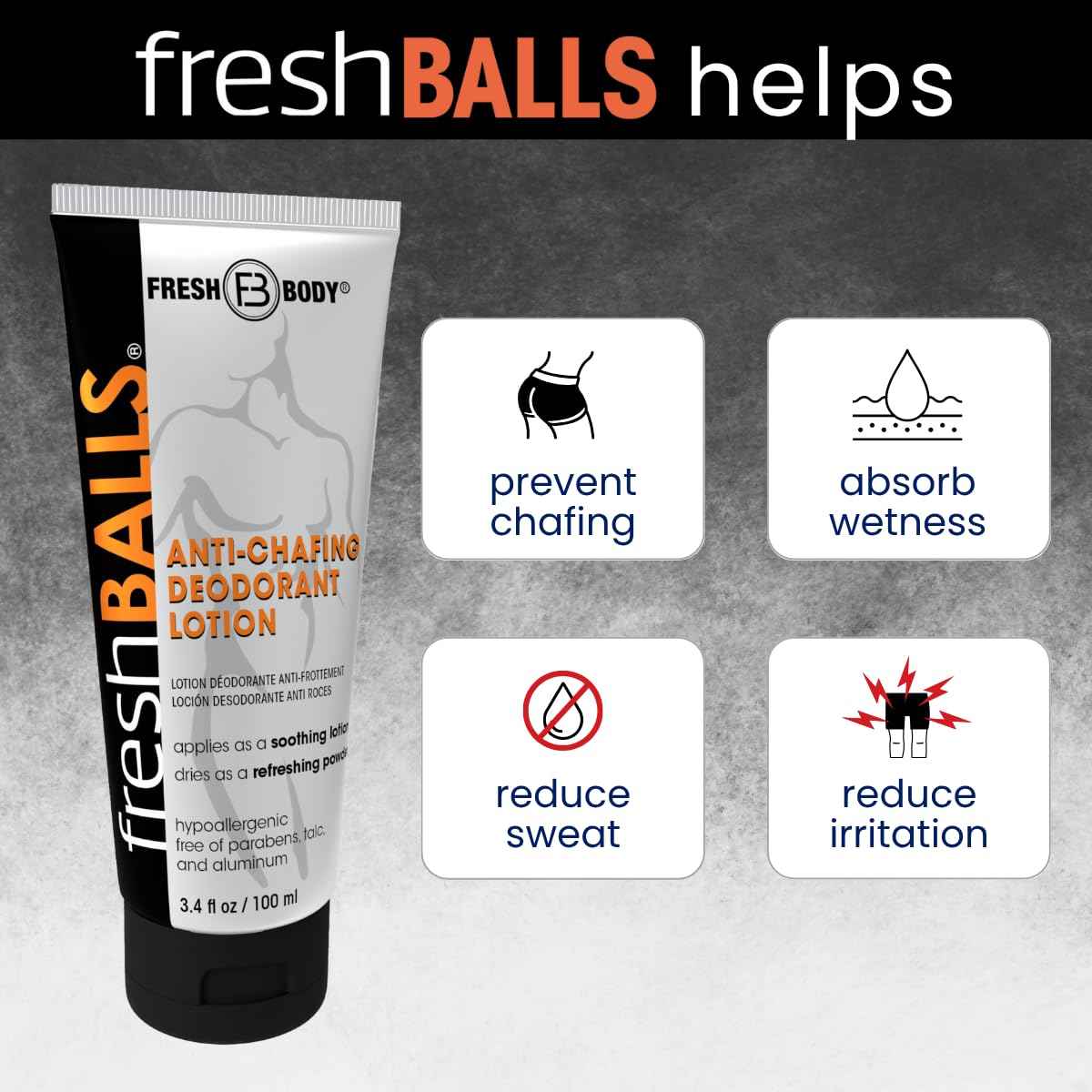 Fresh BALLS Lotion | Anti-Chafing Men's Soothing Cream to Powder Deodorant and Hygiene for Groin Area, 3.4 fl oz (Pack of 3)