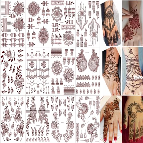 Xmasir 12 Sheets Brown Henna Temporary Tattoo Stickers for Women
