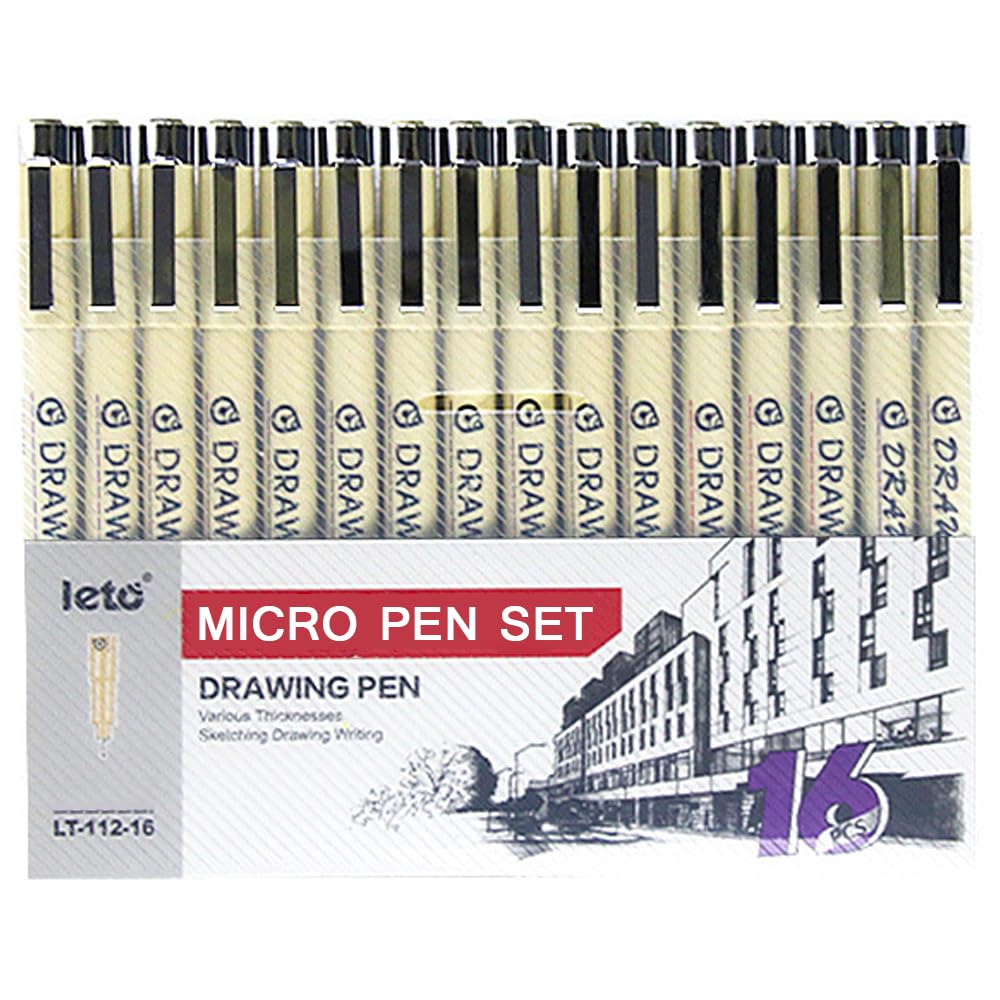 Micro Fineliner Drawing Art Pens: 16 Black Fine Line Waterproof Ink Set Artist Supplies Archival Inking Markers Liner Professional Sketch Outline Anime Sketching Watercolor Zentangle Kit Stuff