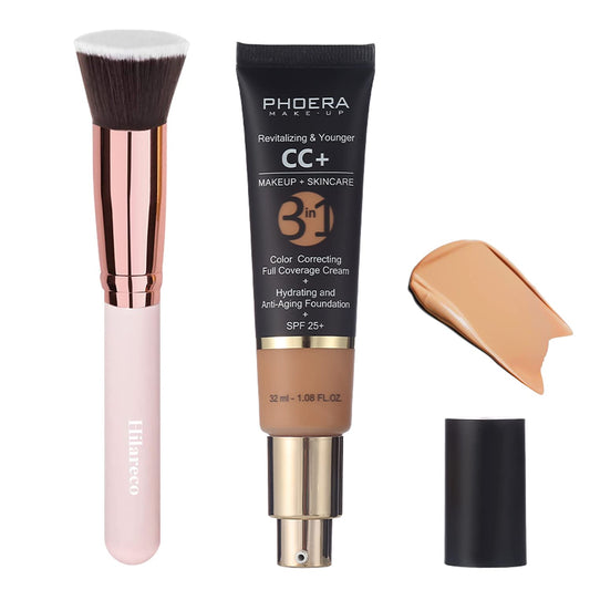 PHOERA CC+ Cream,Full Coverage Foundation，Color Correcting Cream,Anti Aging Hydrating Serum & SPF 25+ Sunscreen - Natural Finish - 1.08 fl oz (140 Buff Beige)