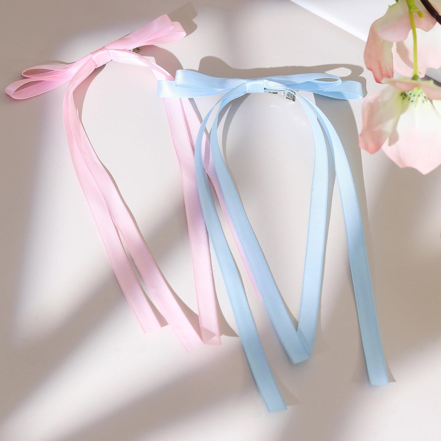 VOBOBE 4PCS Hair Bows for Women Girls, Pink Blue Tassel Ribbon Bowknot Hair Clips Barrettes for Girl with Long Tail, Solid Satin Hair Accessories (Pink+Blue)