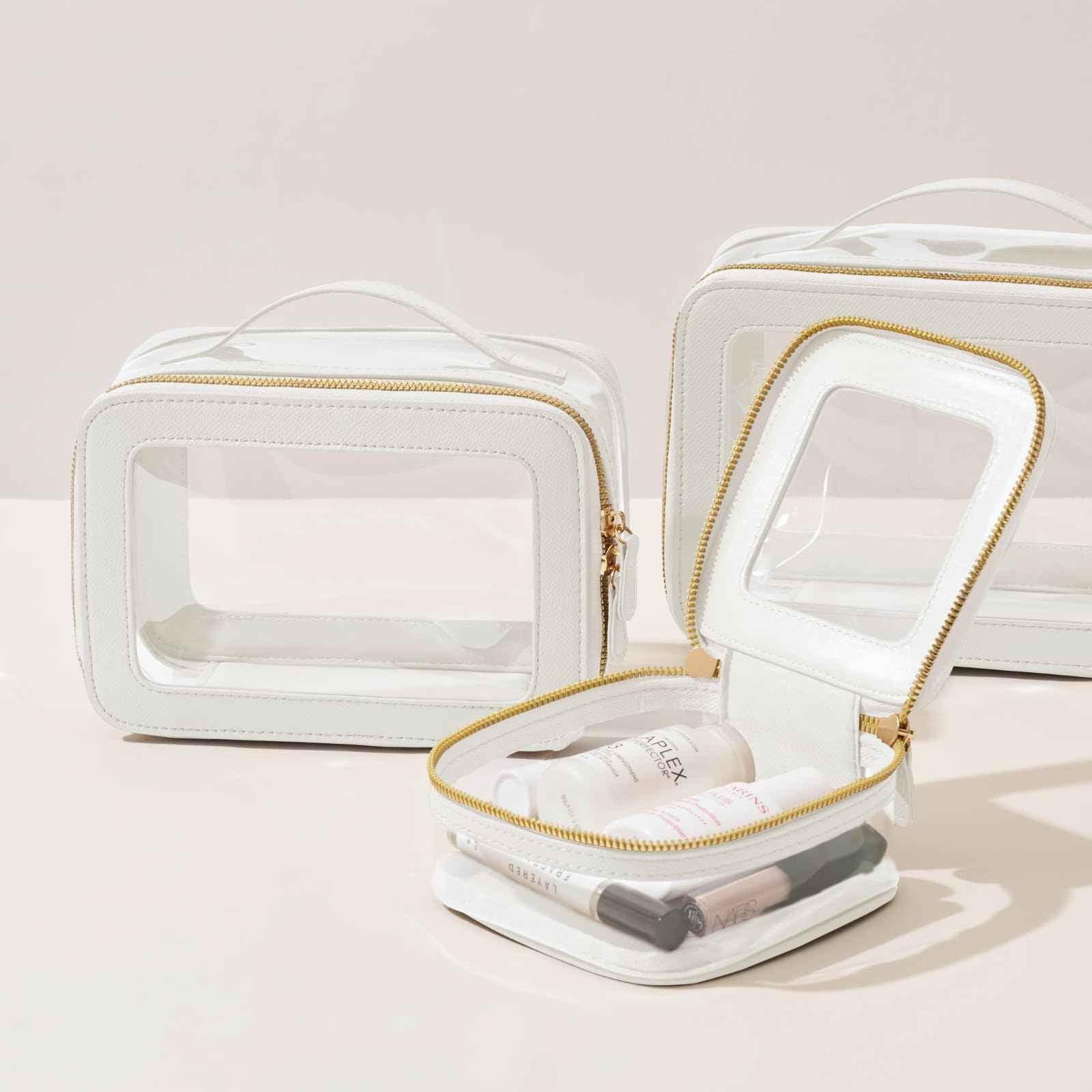 Oaque Clear Cosmetic Bag Set for Women Makeup Bag with Handle, TSA Travel Toiletry Bag Transparent Cosmetic Case Portable Make Up Organizer Bag for Essentials (White, Mini+S)