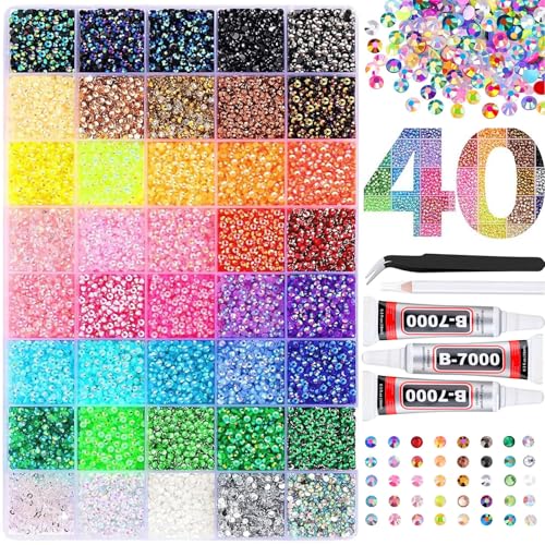 3mm Colorful DIY Resin Rhinestone Kit for Bedazzling, Multicolor Flatback Gems, 3Pcs 10ml B7000 Jewelry Glue for Bedazzled Nail Art Clothing Shoes Nail Book Diamond Art (32000)
