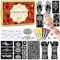 Temporary Tattoo Stencil Kit 10 Sheets (7 Large Hand & Half Arm), 6 Pcs 3 Color Cones (Black/Brown/Cherry Red),Temporary Tattoos for Adults Kids Men Women,DIY Body Art with Stencils