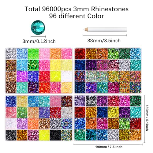 DIYCICO 96,000 Pcs Multicolor Flatback Rhinestones Craft Kit for Jewelry Clothes Shoes Nail Art and Diamond Painting
