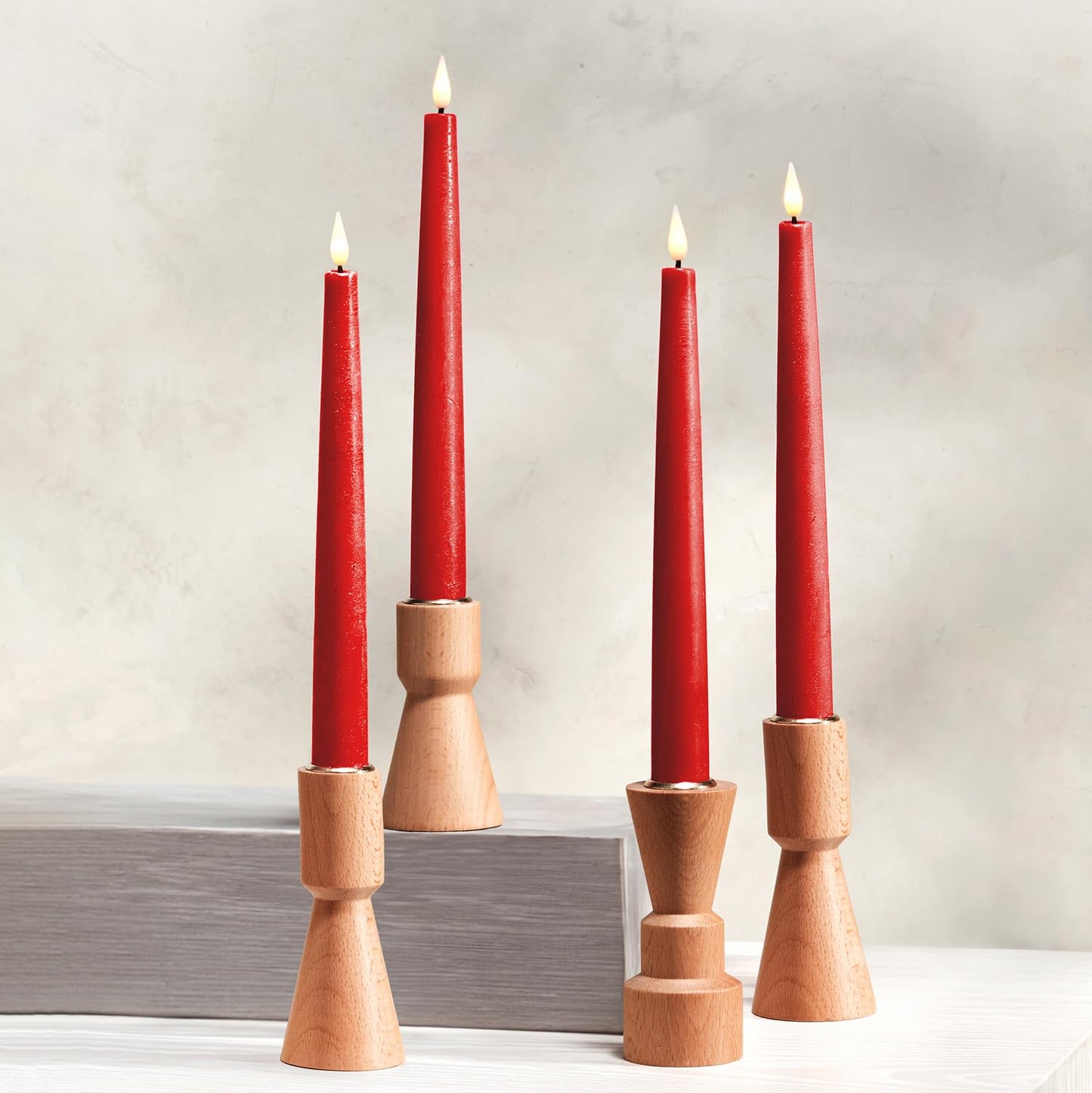 LampLust Flameless Taper Candles, Realistic 3D Flame with Wick, Real Wax, Flickering Flameless Candle LED, Remote & Batteries Included, Home Decor, Mantel & Wedding Centerpieces (9" - 4 Pack - Red)