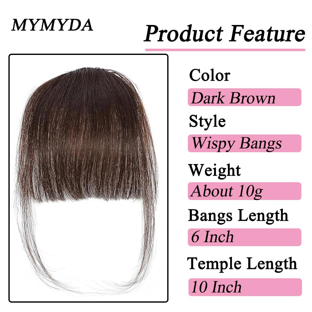 MYMYDA Clip in Bangs 100% Real Human Hair Extensions Clip on Wispy Bangs for Women Fringe with Temples Hairpieces Dark Brown Color