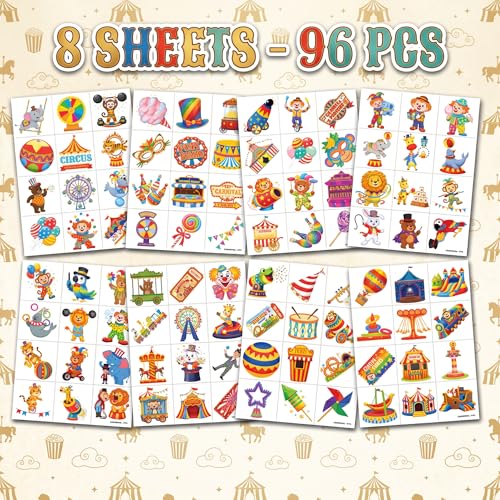 96 Carnival Temporary Tattoos for Kids - Colorful Fairground Designs
