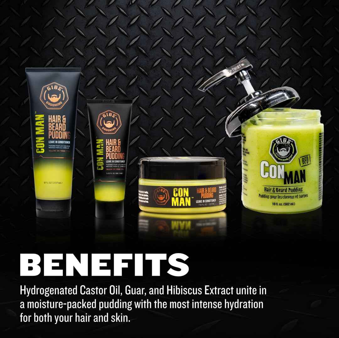 GIBS Con Man Hair & Beard Pudding - Leave In Conditioner - Curl Definer - Moisturizer - 8 oz Squeeze Tube