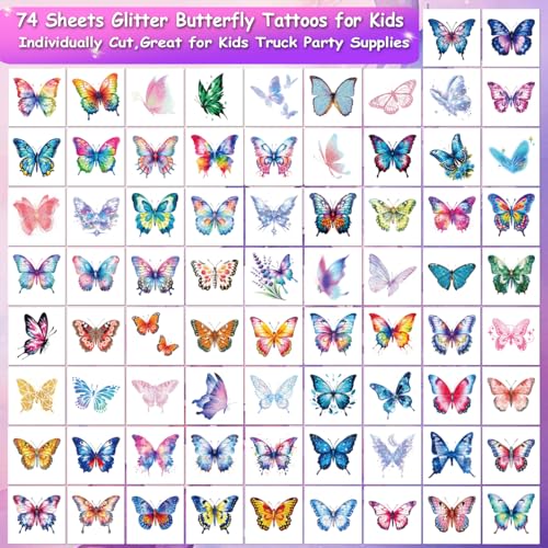 Glitter Butterfly Temporary Tattoos for Kids, 74 Sheets