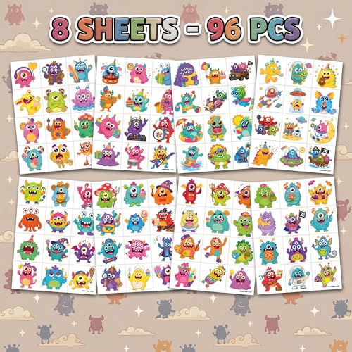 96 Monster Temporary Tattoos for Kids - Cute Designs