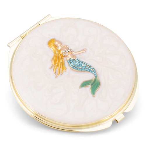 Cottage Garden Hand Painted Golden Metal Enamel Ornamental Vintage Hinged Lid Personal 3 Inch Makeup Beauty Double Sided Compact Travel Mirror with Bejeweled Crystals, Mermaid