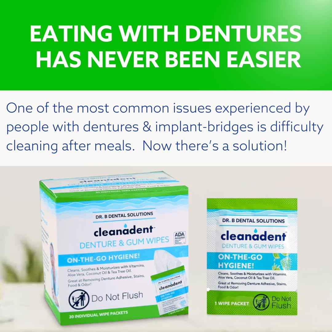 Dr. B Dental Solutions Cleanadent Wipes - Convenient Denture Cleaning Wipes, Refreshes Gums, No Artificial Colors/Flavors - 30 Count