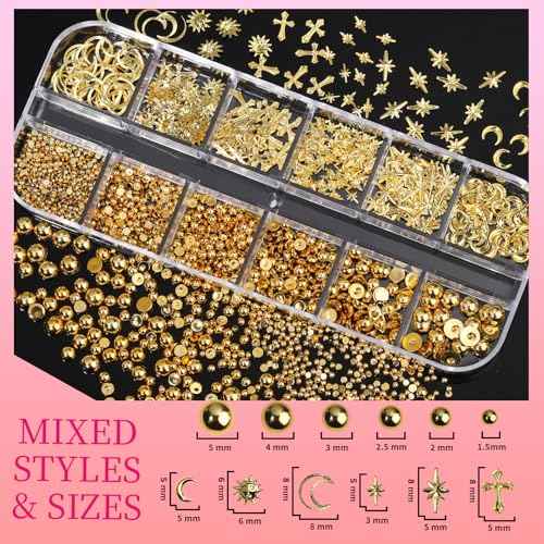 Teenitor Gold Nail Charms with Flatback Nail Pearls, 3D Nail Charms and Gems for Nail Art Design, Gold Pearls for Nails with Heart Star Cross Nail Charms, Nails Supplies Nail Accessories