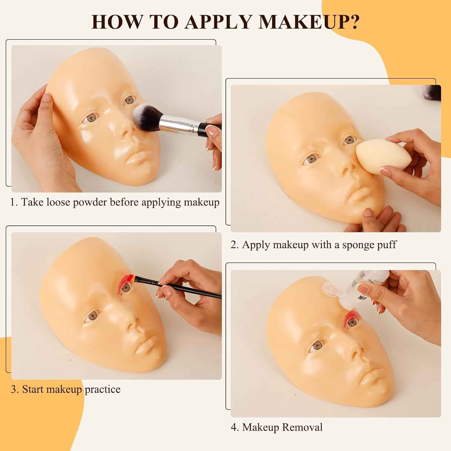 Silicone Makeup Practice Head, Set with Face Painting Mannequin, Brushes and Eyebrow Pen, Ideal Gift for Beginners & Enthusiasts to Improve Makeup Skills, Yellow