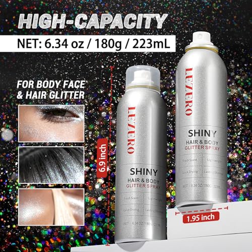Hair and Body Glitter Spray for Women, Rainbow Silver Shimmer Makeup, Large Capacity for Festival Rave Outfits Accessories, 200ml/6.34oz