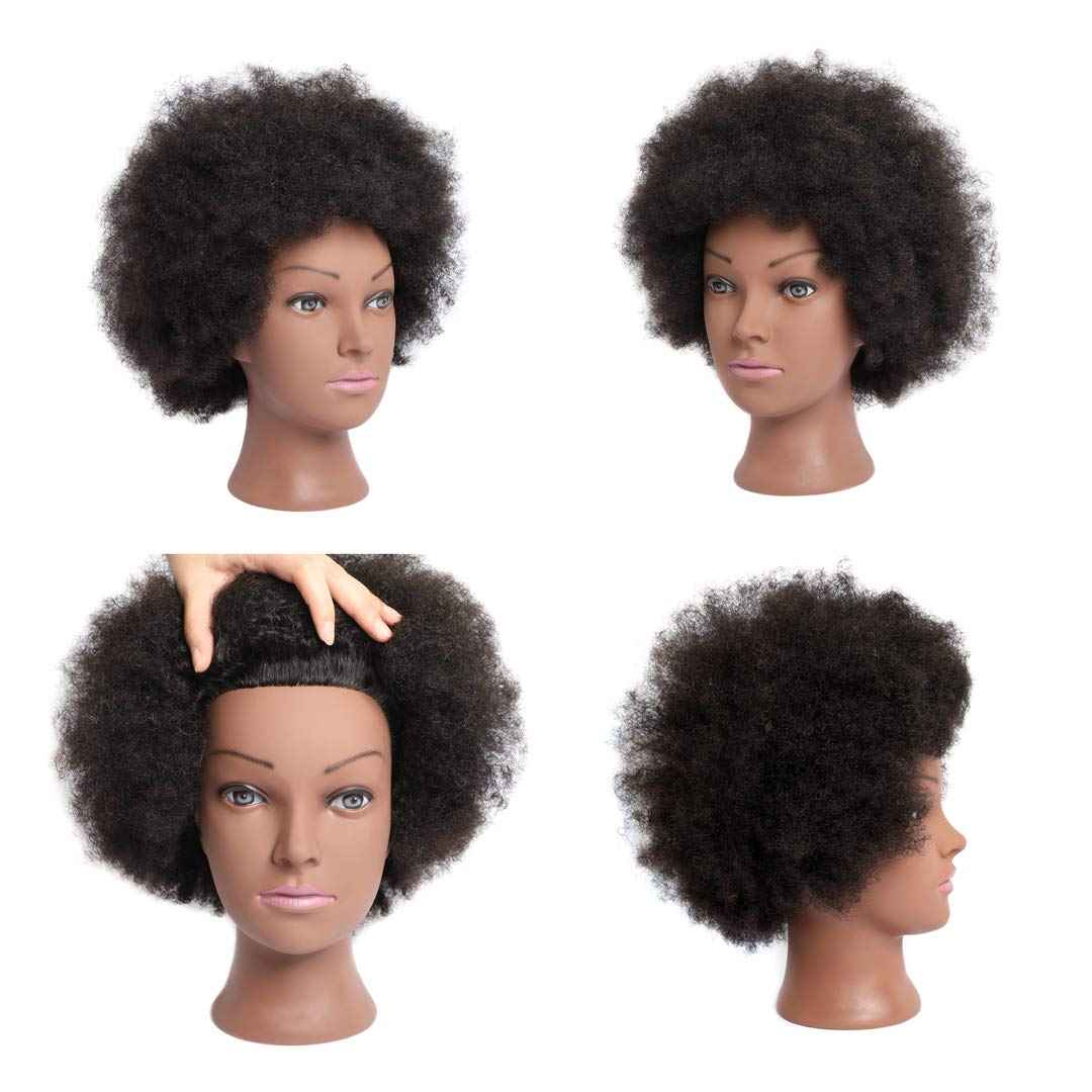 Phamb Afro Mannequin Head with 100% Human Hair for Practice Braiding African American Cosmetology Doll for Hairdresser with Table Clamp Stand (D8A-Black)
