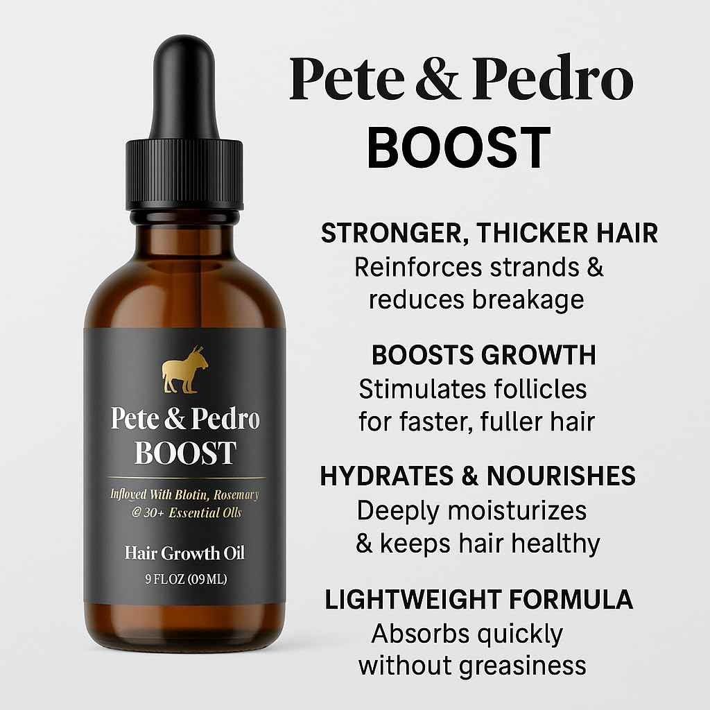 Pete & Pedro BOOST Hair & Beard Strengthening & Growth Natural Scalp Health Serum Oil For Men & Women - With Rosemary, Biotin & 20 plus Essential Oils | Shark Tank Featured, 2 oz.
