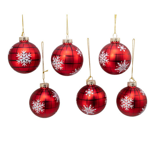 Kurt S. Adler Kurt Adler 80MM Plaid with Snowflakes Glass Ball, 6 Piece Box Ornament, red, Black, White, Christmas