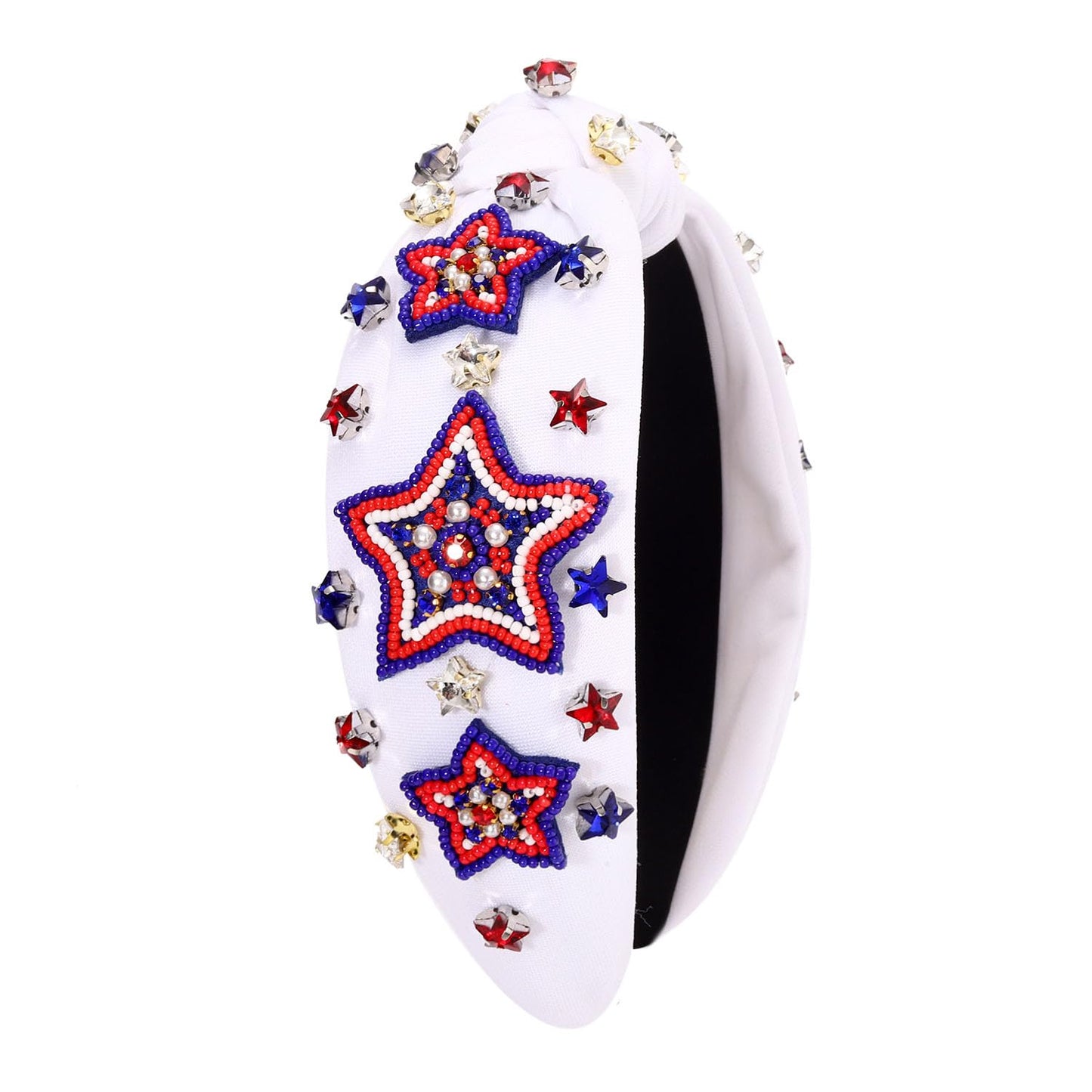 CEALXHENY 4th of July Headbands for Women, American Flag Patriotic Rhinestone Pearl Knotted Beads Embellished Jeweled White Headband Holiday Gifts