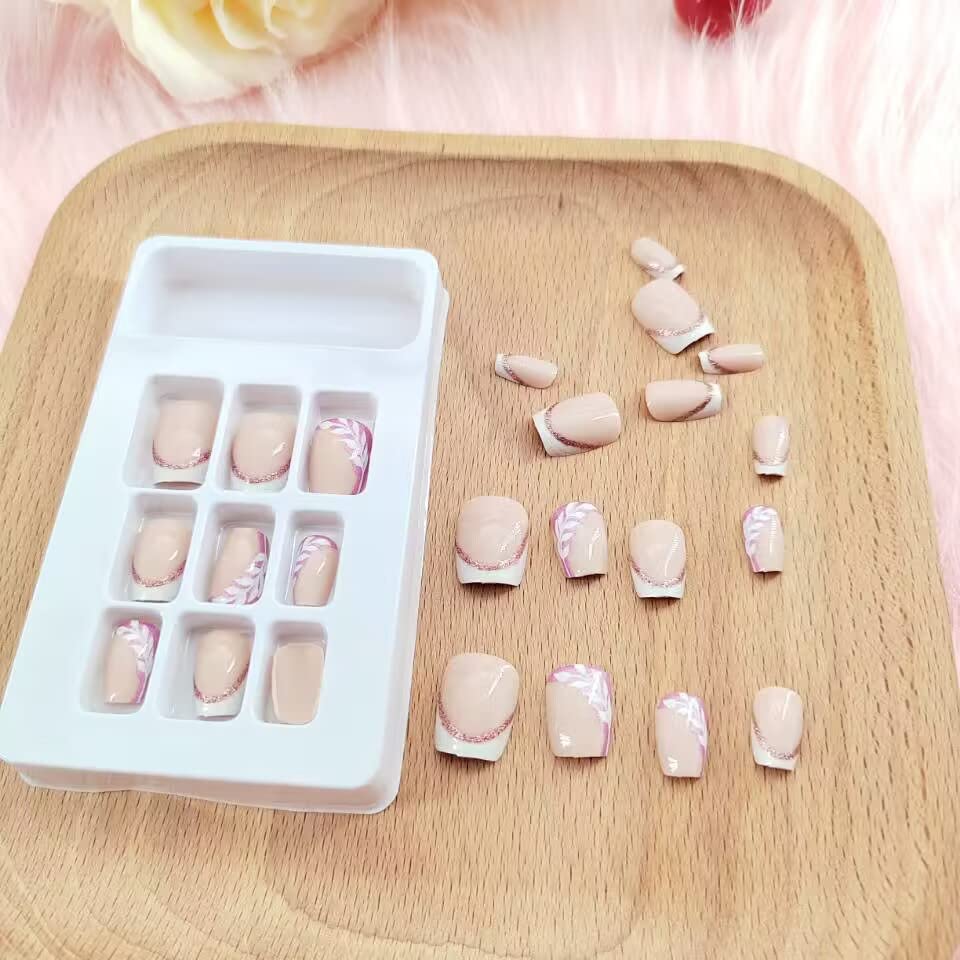 Short Press on Nails Square White French Tip Nails Acrylic False Nails with Glue Glitter and Leaves Design Artificial Fake Nails Reusable Gel Stick on Nails for Women