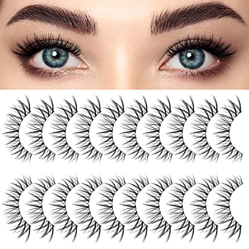 False Lashes 3D Cat-Eye Volume Eyelashes Clear Band Lashes Natural Look Faux Mink Invisible Strip Wispy Fake Lashes 10 Pairs