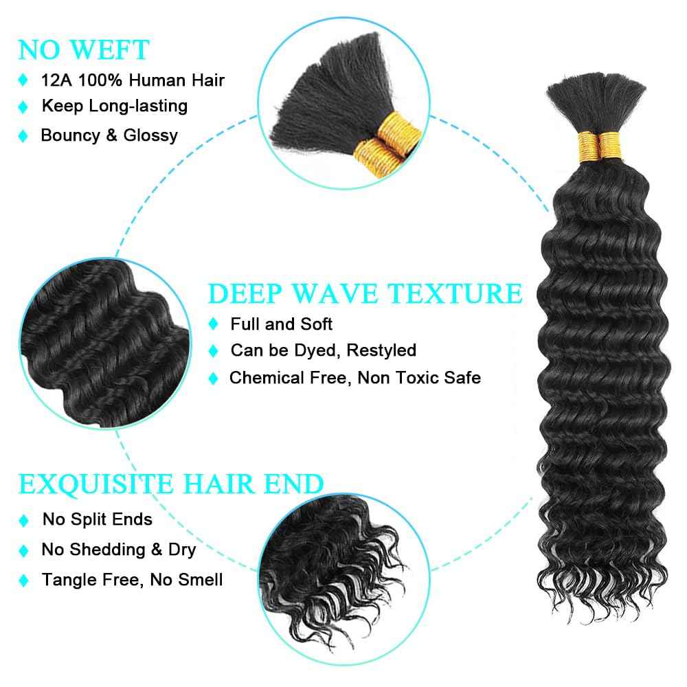 Human Braiding Hair 1B Deep Wave Boho Bulk Human Hair for Braiding Knotless 110g 18 Inch Curly Boho Braids Human Hair 12A Wet and Wavy Bohemian 2 No Weft Bundles/Pack Curly Braids Natural Color