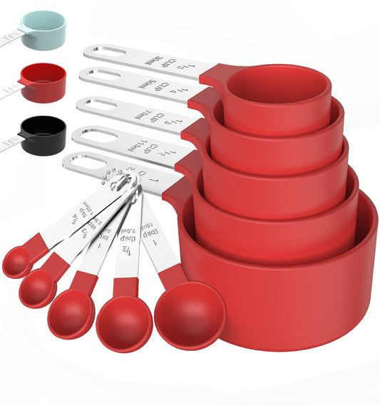 TILUCK Measuring Cups & Spoons Set, Stackable Cups and Spoons, Nesting Measure Cups with Stainless Steel Handle, Kitchen Gadgets for Cooking & Baking (Red)