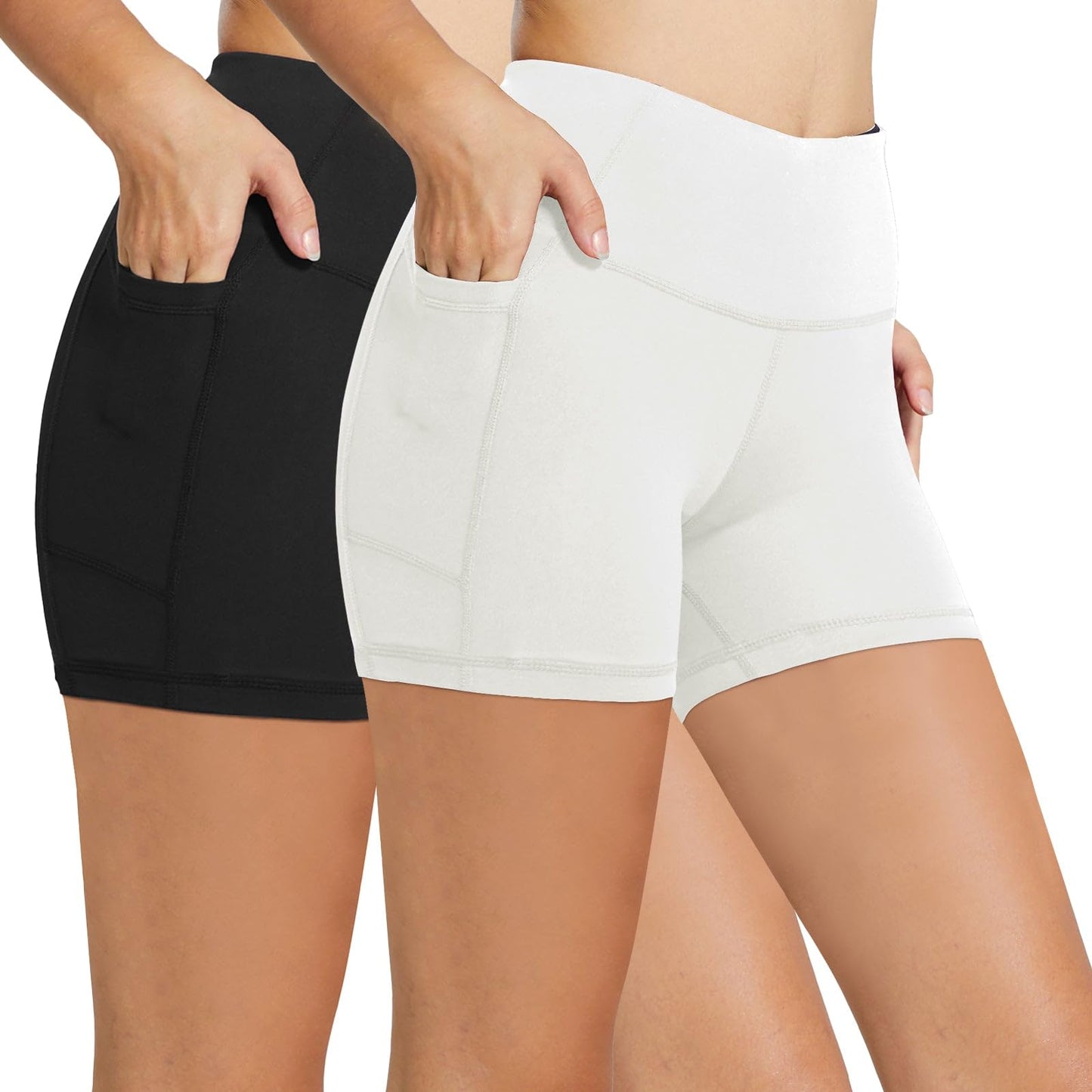 BALEAF Biker Shorts Women Yoga Gym Workout Spandex Running Volleyball Tummy Control Compression Shorts with Pockets 5" 2-Pack Black/White XS