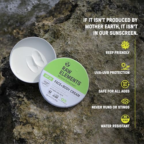 Raw Elements Face and Body Mineral Sunscreen SPF 30 Tin, Organic Sunblock Daily Protection, Non Toxic Reef Safe, Water Resistant, Cruelty Free, Plastic Free, 3 oz (Pack of 1)