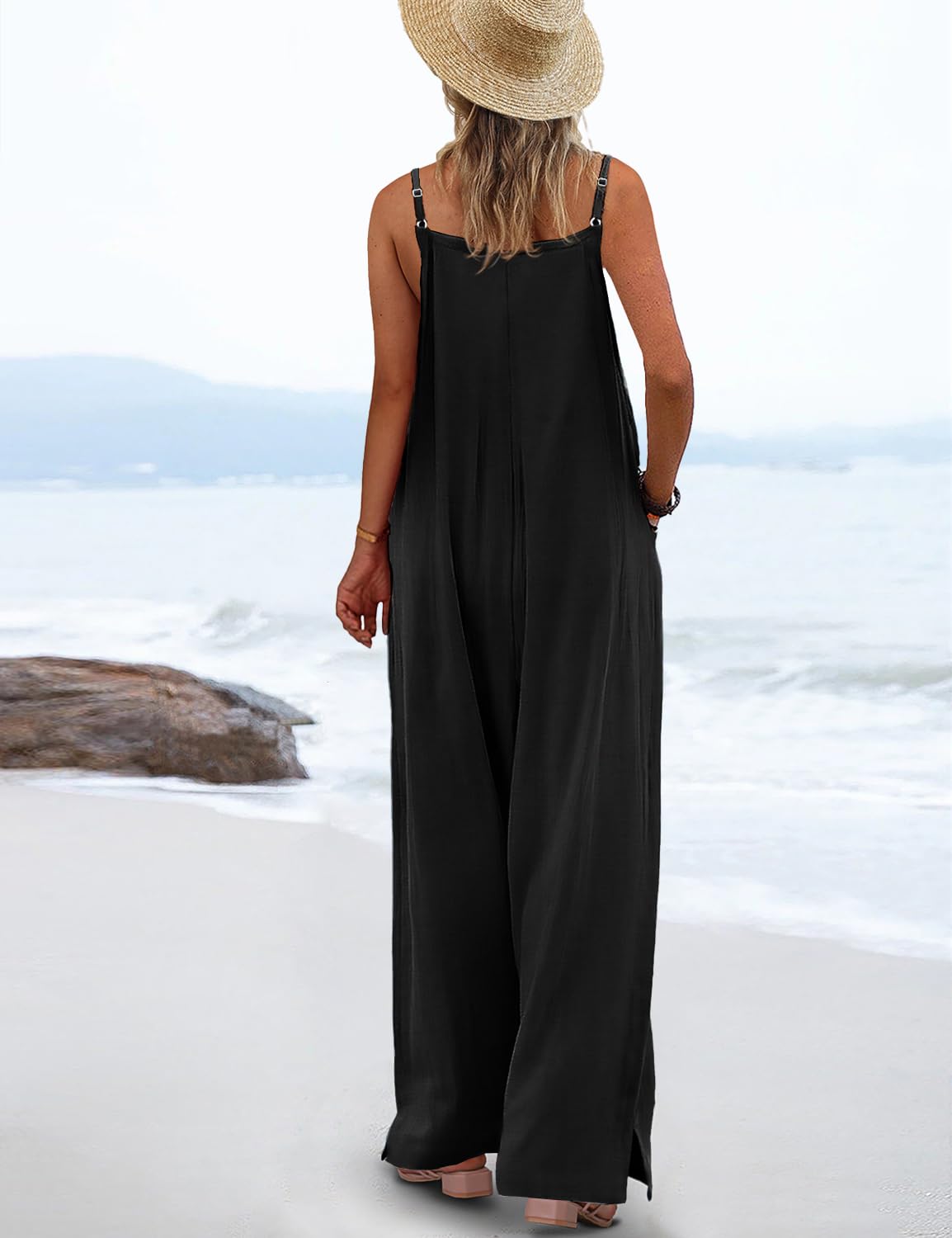 YESNO Women's Summer Boho Casual Jumpsuits Wide Leg Overalls Baggy Rompers with Pocket XS PZZCR Solid Black