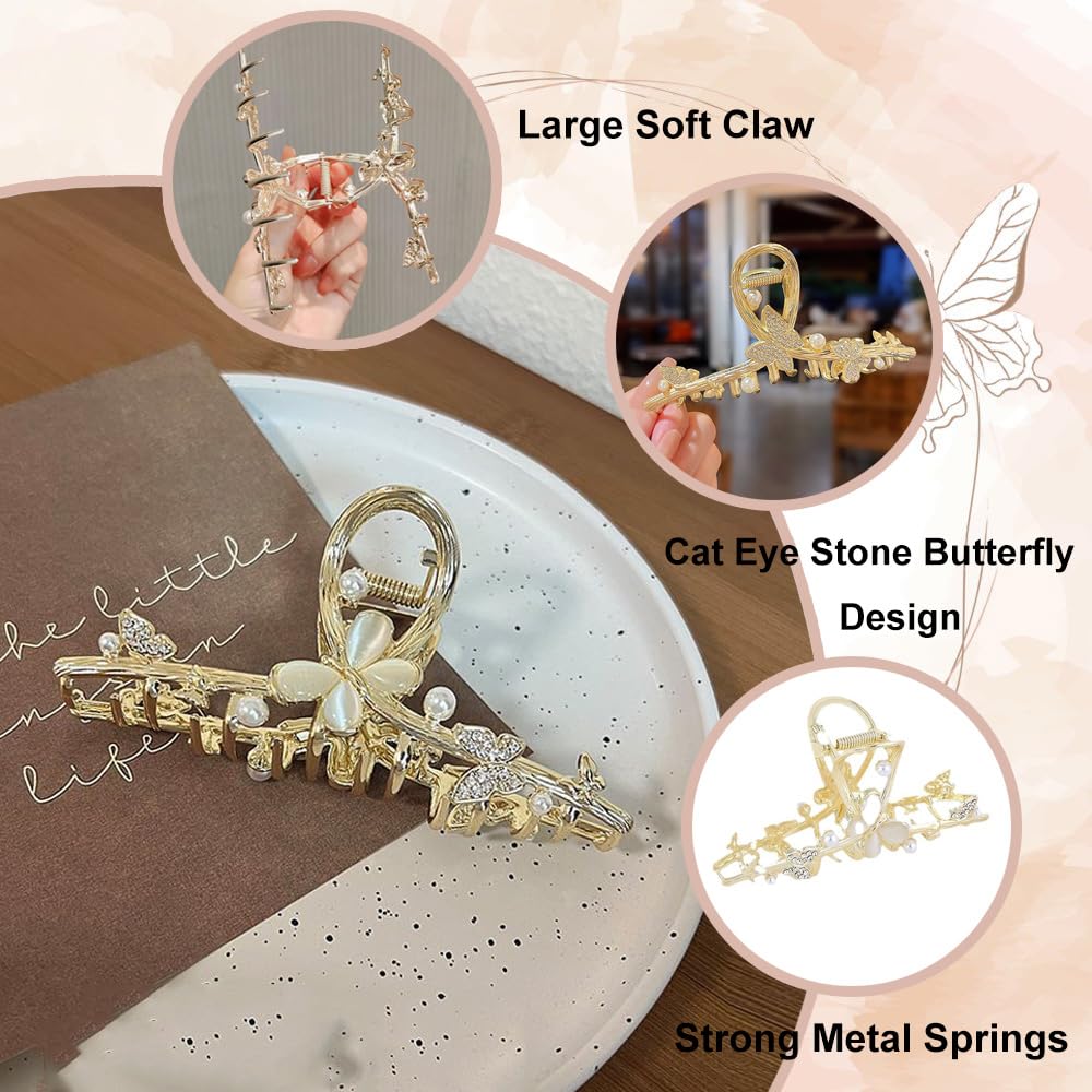 Metal Gold Butterfly Hair Claw Clips with Cat Eye Stone - Large No-Slip Rhinestones and Pearl Barrettes for Women's Thick/Thin Hair