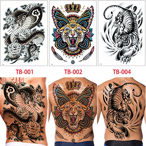Glaryyears Super Big Full Back Covered Temporary Tattoos, 3 Pack Large Fake Realistic Tattoo Stickers for Adults Men Women, Scary Fierce Tiger Snake Serpent Design