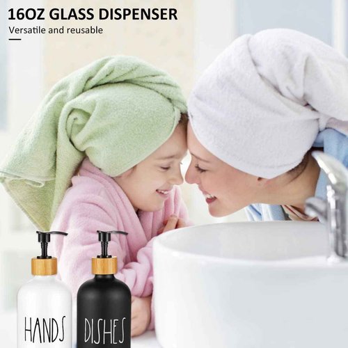 2 Pack Soap Dispenser Bottle with Bamboo Pump Soap Tray 16 Oz Refillable Hand Soap Container Reusable Detergent Bottle Glass Soap Lotion Dispenser Set for Kitchen Bathroom Shampoo