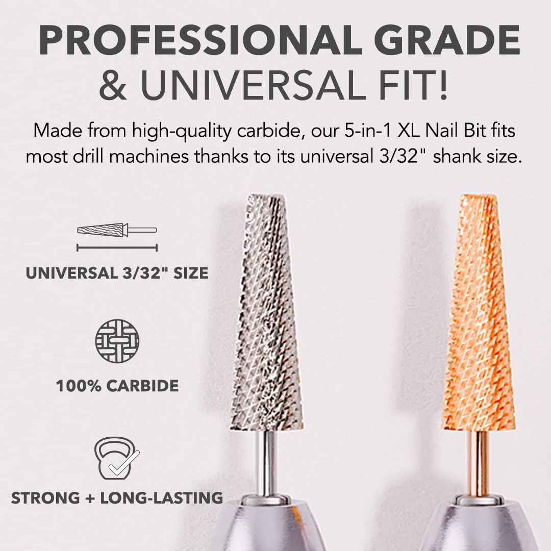 Kiara Sky XL 5-in-1 Course Nail Drill Bit | 3/32"" Carbide Extra Long Multi-use | 2-way Rotate Left and Right Handed - Rose Gold