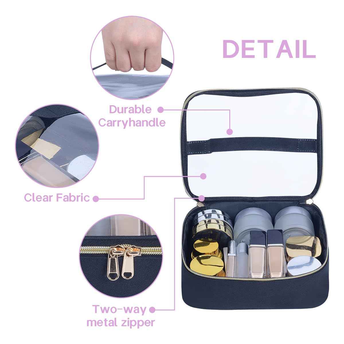 LANDFOBO Small Travel Makeup Bag Clear Cosmetic Toiletry Case Portable with Zipper for Organize Travel Samples, Cosmetics, Skincare Products, etc,(Black)