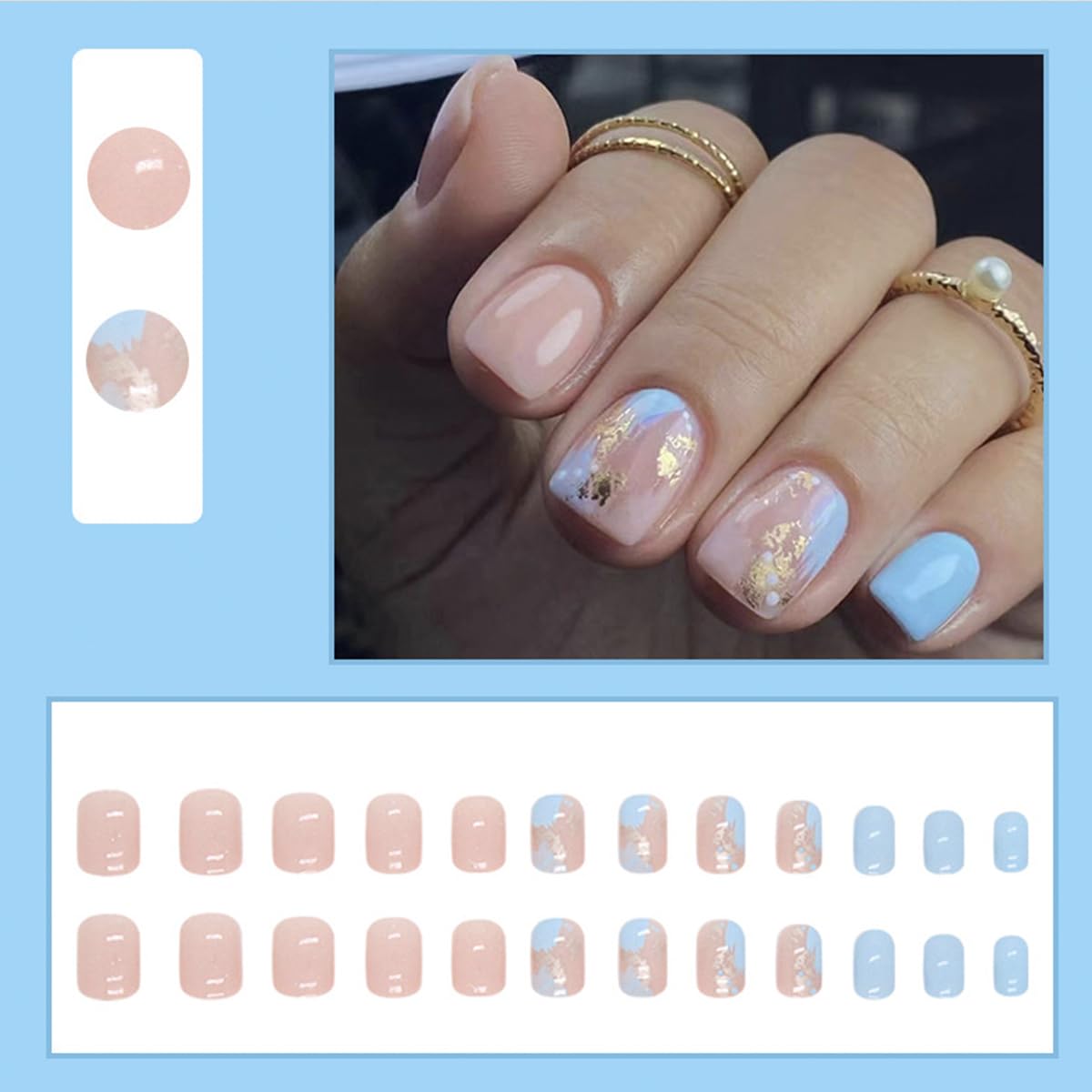 24Pcs Nude Blue Press on Nails Short Square Fake Nails with Glitter Gold Foil False Nails Glossy Acrylic Nails Artificial Short Glue on Nails for Women Girls DIY French Stick on Nails Decorations