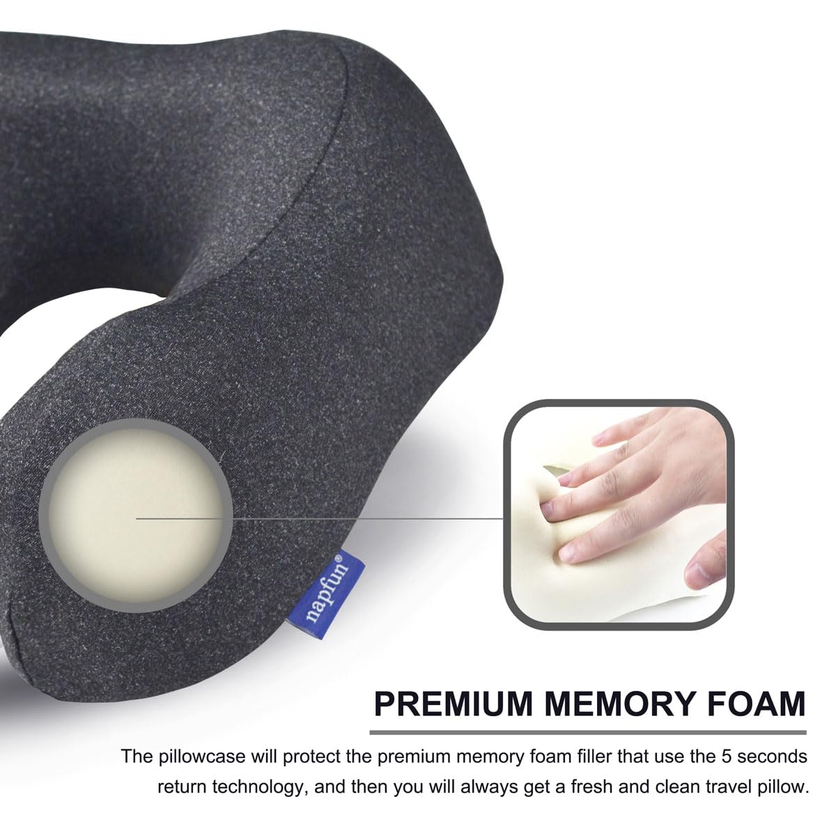 napfun Travel Pillow, Travel Accessories & Travel Essentials for Airplane Upgraded 100% Pure Memory Foam Travel Neck Pillow for Flight Headrest Sleep, Portable Plane Necessities, Full Black