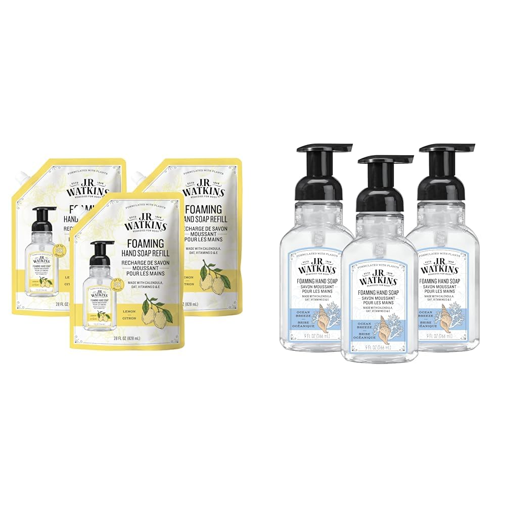 J.R. Watkins Foaming Hand Soap Refill 3 Pack 28 fl oz Lemon and Foaming Hand Soap with Pump 3 Pack 9 fl oz Ocean Breeze