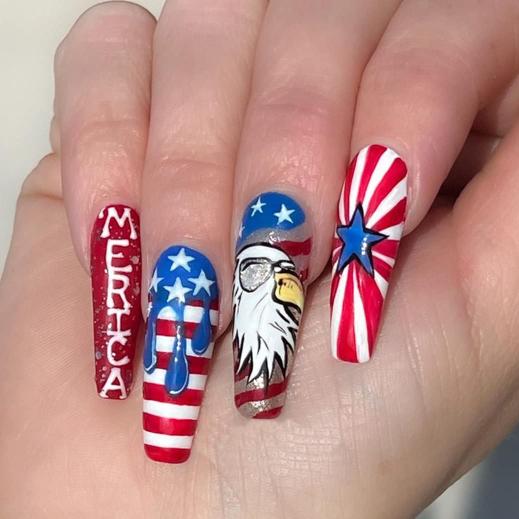 4th of July Press on Nails Red Blue White Long Coffin Fake Nails Independence Day American Flag Stars Owl Design False Nail Patriotic Full Cover Acrylic Nails for Women Girls Manicure Decoration 24Pcs