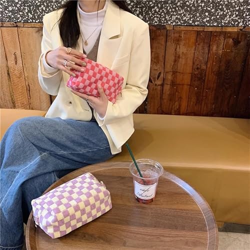 3Pcs Makeup Bag Set for Women, Checkered Cosmetic Bag Travel Toiletry Bags for Purse Large Small Mini Makeup Pouch Zipper Makeup Brushes Aesthetic Accessories Storage Organizer Bag (Pink Set)