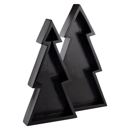 AuldHome Wooden Christmas Tree Trays (Nested Set of 2, Black), Rustic Farmhouse Style Holiday Christmas Serving Decorative Platters