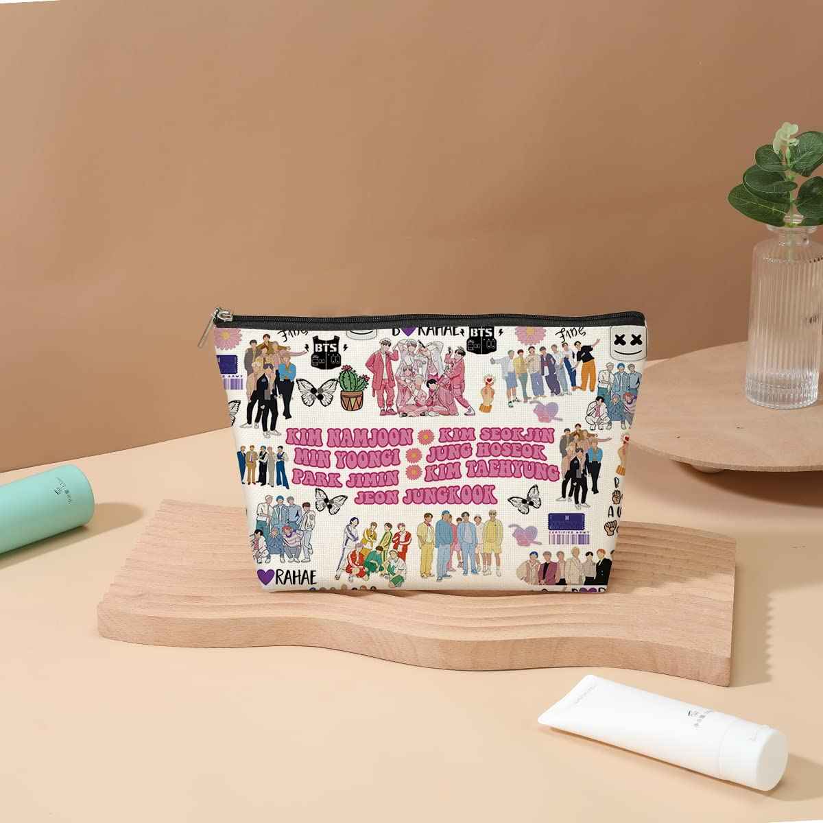 Funny K Pop Character Korean Group Army Cosmetic Bag Singer Inspired Song Idea Gift Army Members Fans Gift Music Lover Merch Makeup Bag Friendship Gifts for Women Friends Mom Aunt Birthday Christmas