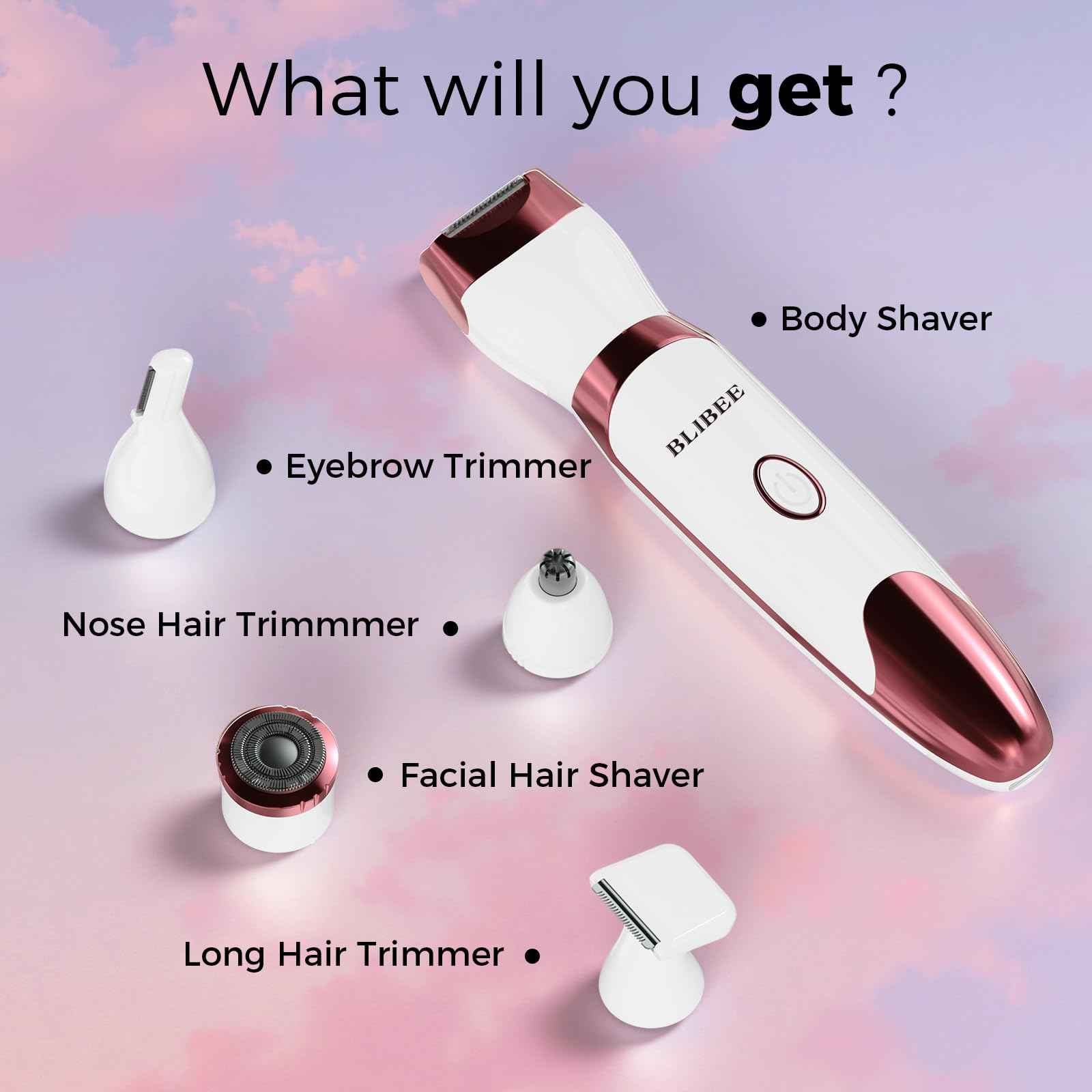 BLIBEE Bikini Trimmer for Women, LED Display Electric Razors for Women, 5-in-1 Electric Shaver, Rechargeable Painless Pubic Hair Trimmer for Legs, Underarms, Face & Sensitive Skin (Purple)