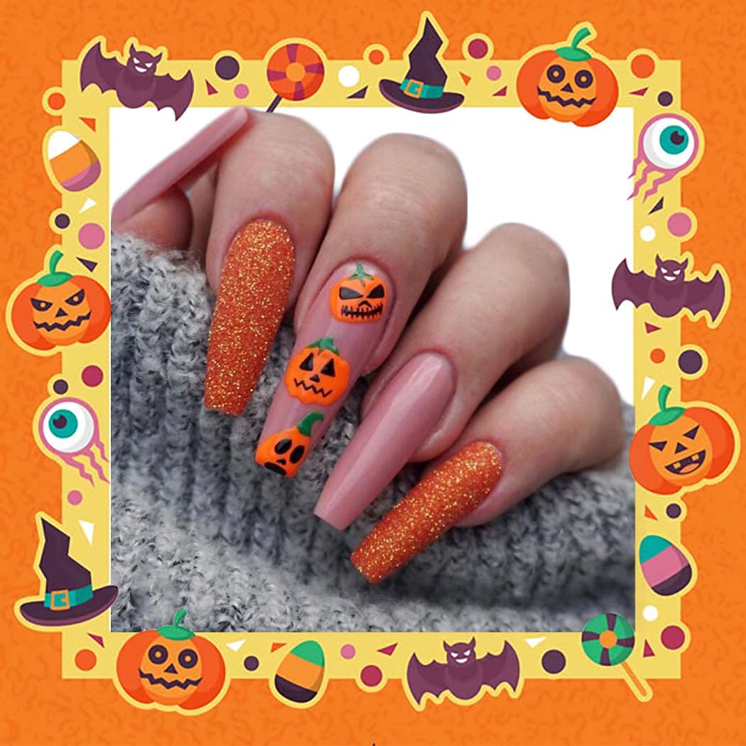 Ursumy Coffin Halloween Press on Nails Pumpkin False Nails with Design Glossy Orange Fake Nails Full Cover Acrylic Nails for Women and Girls (24Pcs)