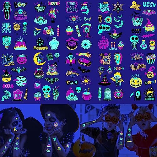UV Glow Temporary Tattoos - 10 Sheets, 95+ Halloween Designs