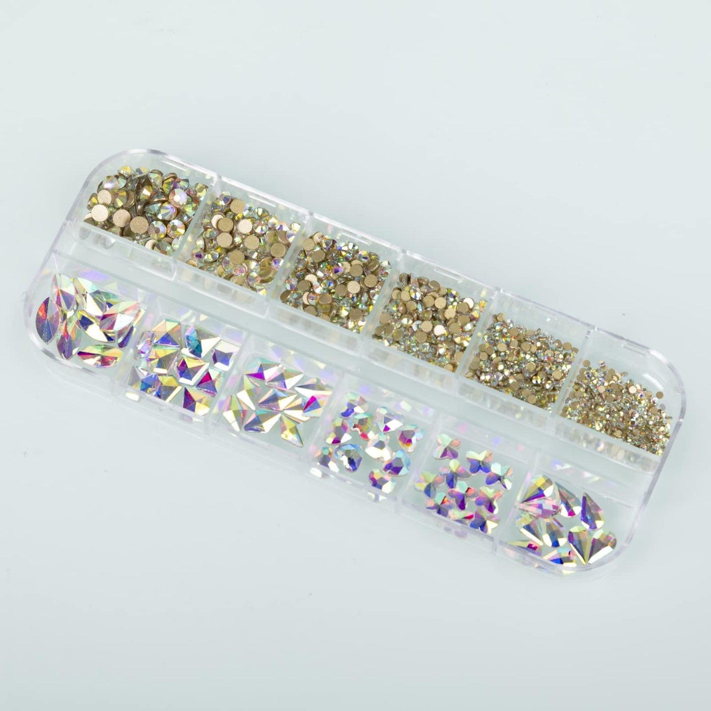 QEZEZA Nail Art Rhinestones Kit, Rhinestone Nail Face Gems, Nail Art Ab Flatback Rhinestones Gems Stones with Storage Organizer Box, (1.5mm - 10mm) 1000PCS 12 Sizes - Dazzling