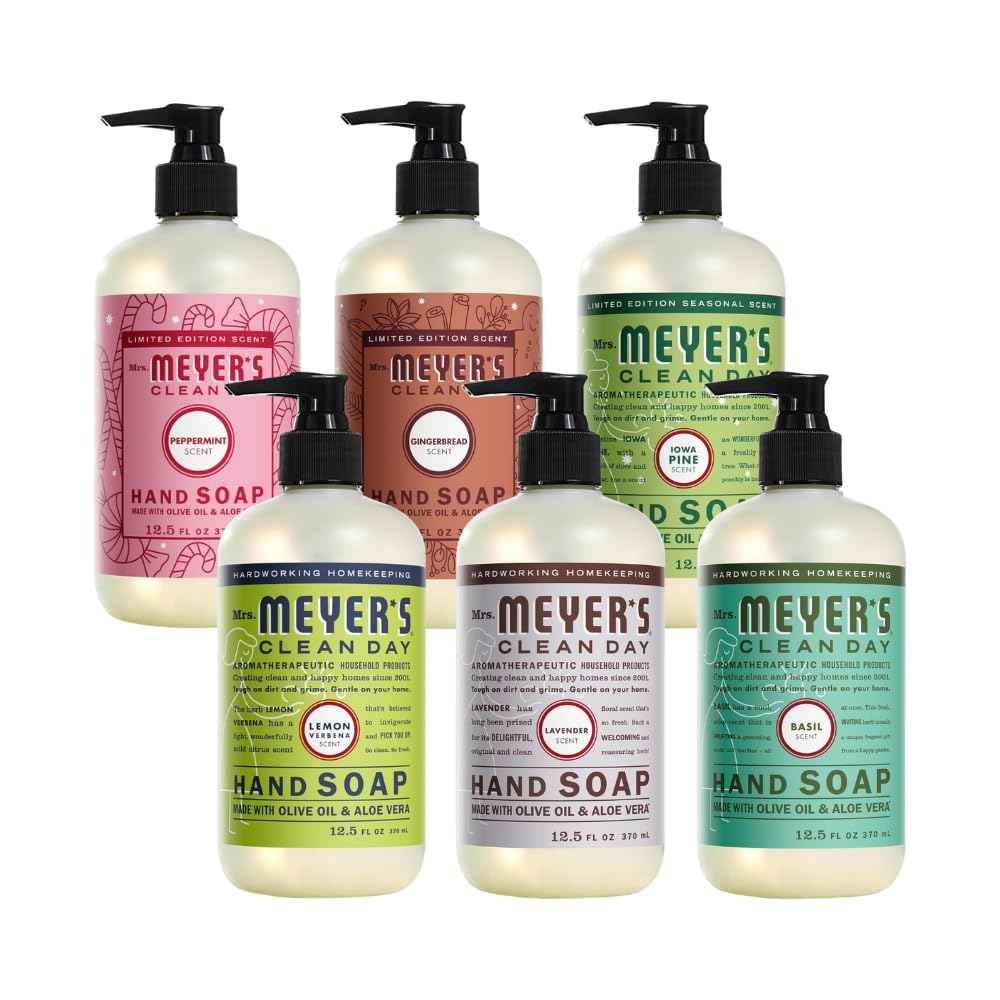Mrs. MEYER'S Clean Day Liquid Hand Soap 6 Pack Variety, Gingerbread, Iowa Pine, Peppermint, Lavender, Lemon Verbena, Basil, 12.5 OZ Each, 1 CT