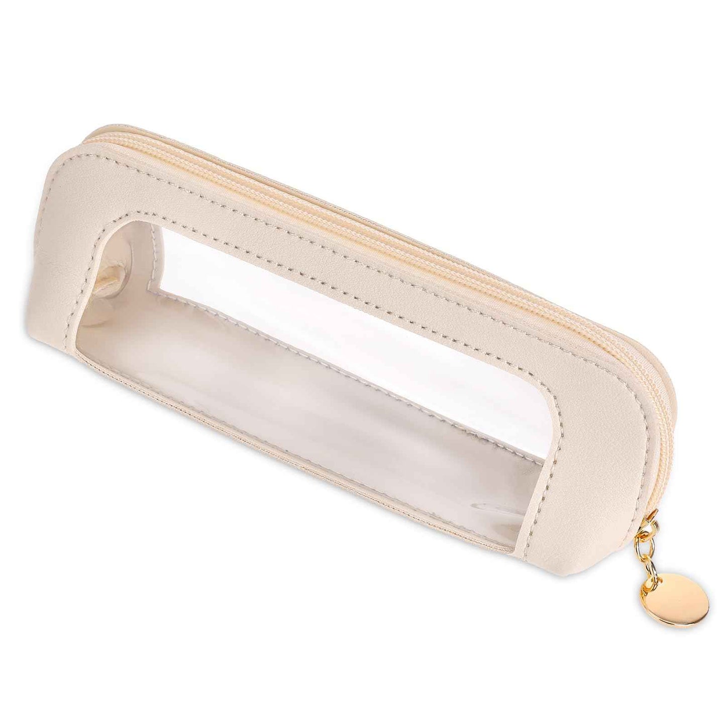 Psyqtsuary Small Clear Makeup Bag, PU Leather Travel Makeup Brush Case Portable Transparent Waterproof Cosmetic Organizer Pouch with Zipper for Women Home Travel Office Makeup Storage (White)